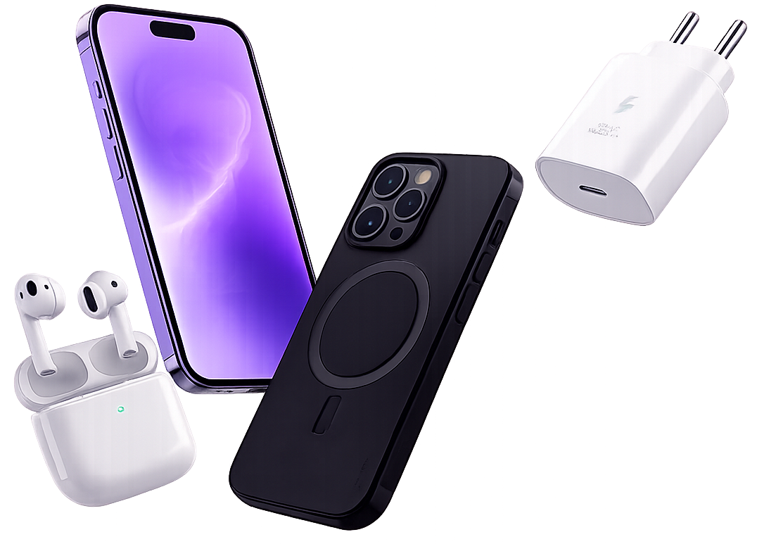 Mobile accessories — phone, case, earbuds and charger